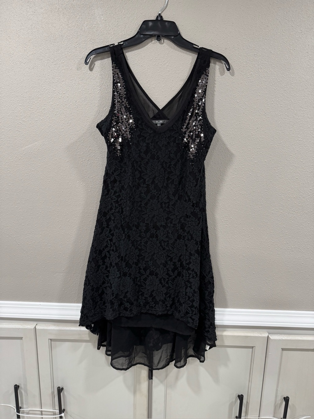 Miss Me Black Lace Sleeveless V-Neck Dress with Sequin Accents - Picture 2 of 6